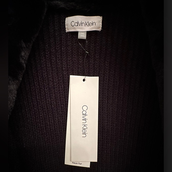 Calvin Klein Black Faux Fur Trim Knit Open Front Wrap Poncho Cape - Picture 5 of 5